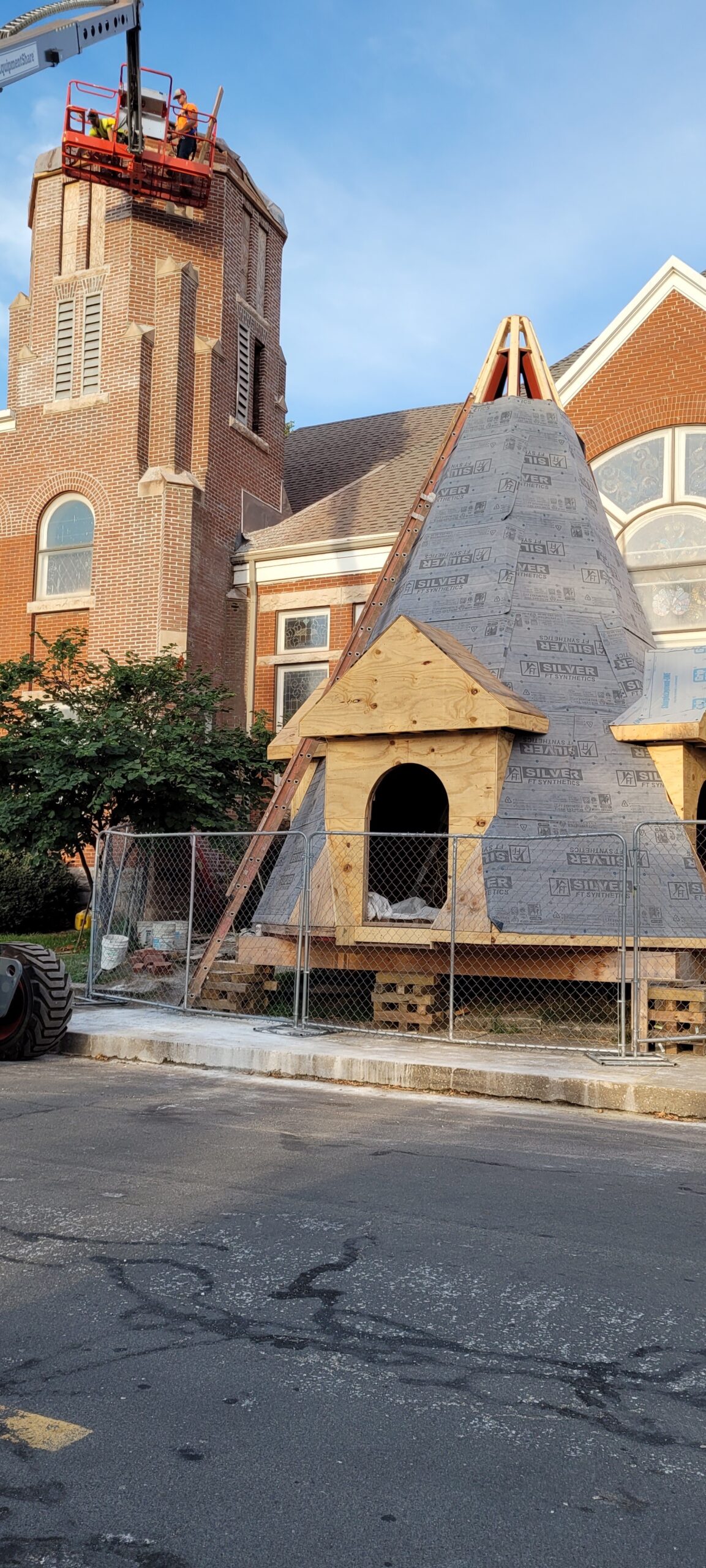 Tuck pointing the brick on the bell tower.  Building the dormers on the steeple.  Shingles will be placed on the steeple before being lifted into place.
Stay tuned, and we will have a watch party for the raising of the steeple and placing the bell back.
